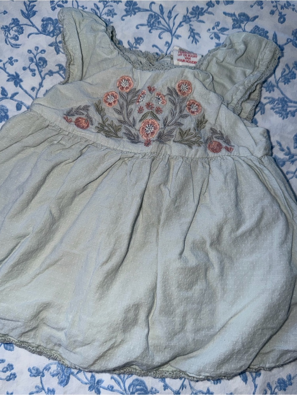 Artisan Ny Light Sage Green Dress with Coral Embroidery